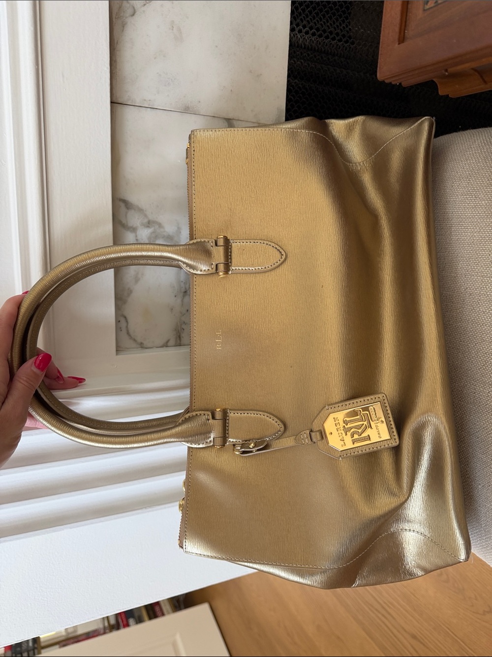 Ralph Lauren Metallic Gold Leather Satchel with Logo Tag